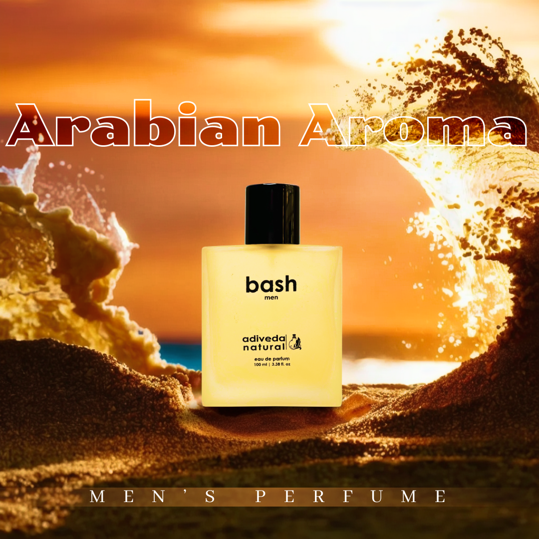 Bash men's perfume bottle by Adiveda Natural with Arabian Aroma, placed on sand with sunset background"