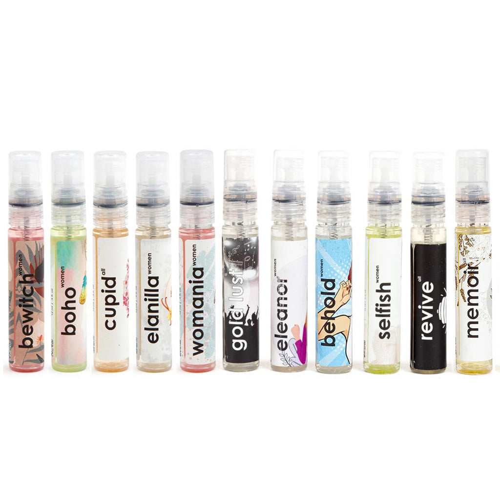 11-pack women’s pocket perfume set – travel-friendly scents is bewitch,boho,cupid,elanilla,womania,Gold lust,Eleanor,behold,selfish,revive,memoir