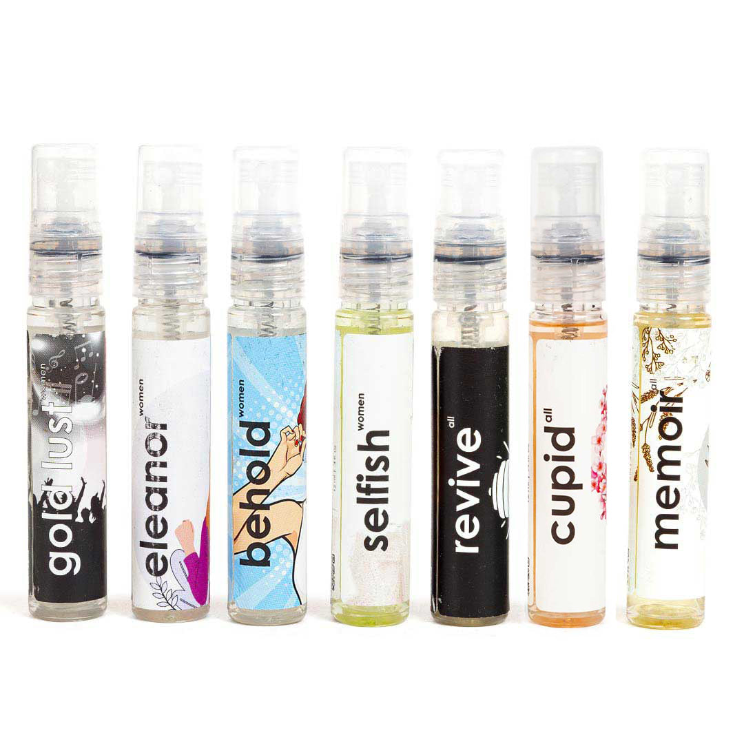 Set of 7 women’s pocket perfumes – assorted fragrance sprays including blush, gold, elevate, behold, selfish, revive, cupid, and memoir – travel size perfume set.