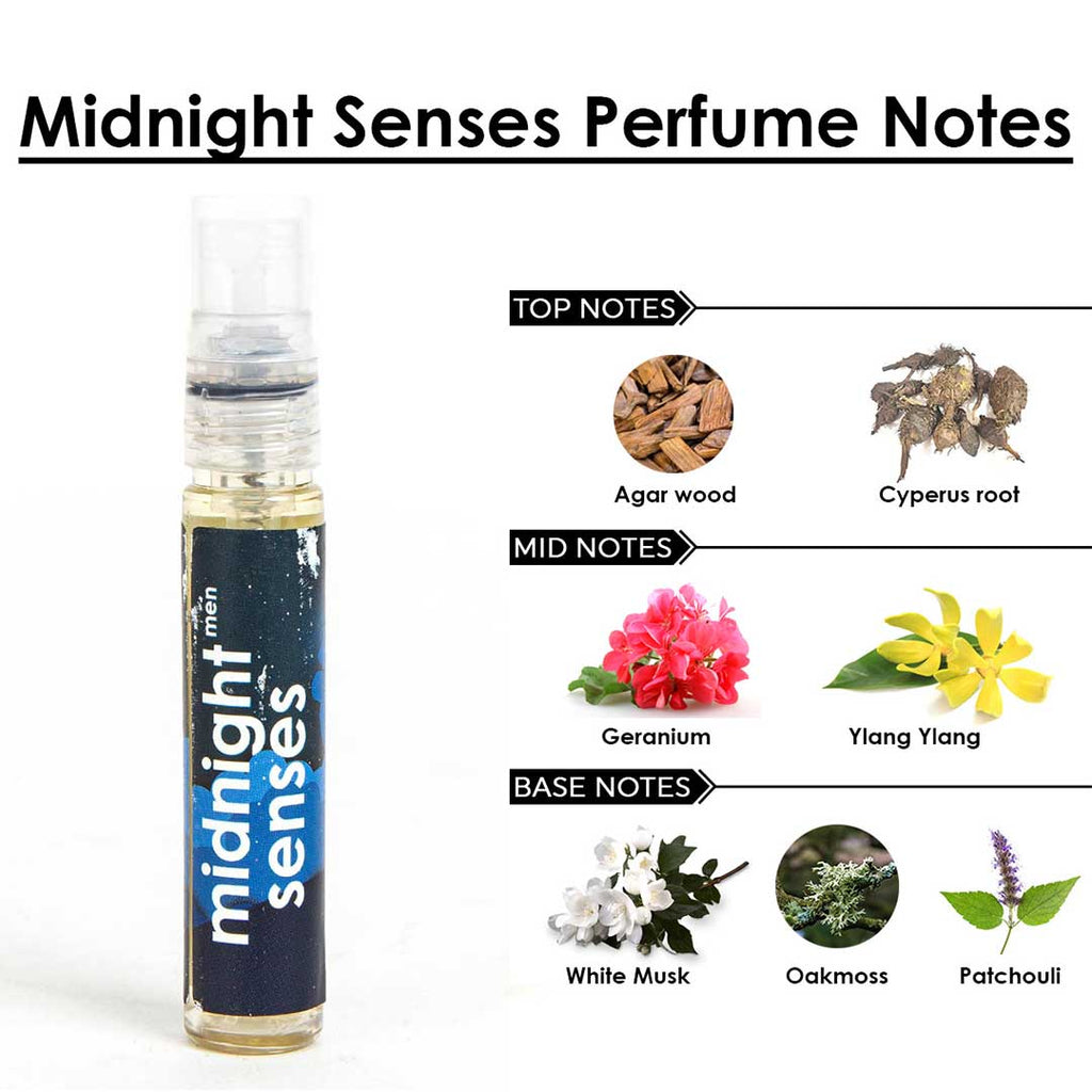 midnight senses perfume tester | perfume sample | perfume miniature | perfume trial set | mini perfume | buy perfume sample | Woody | Fresh | Spicy | Aqua men | Cologne | Scent | Fragrance | Eau De Parfum | Natural Perfume Organic Perfume | Adiveda Natural Perfume