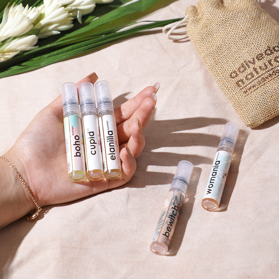 perfume trial set for women - set of 5 perfumes | perfume miniatures | mini perfumes | perfume samples | perfume tester | pocket perfume | travel perfumes | Perfume | Scent | Cologne | Oud Fragrance | Fashion | Shopping | Lifestyle | Luxury Perfume | Affordable Price | Top Selling Product | Natural Perfume | Organic Perfume | Indian Perfume | Adiveda Natural Perfume