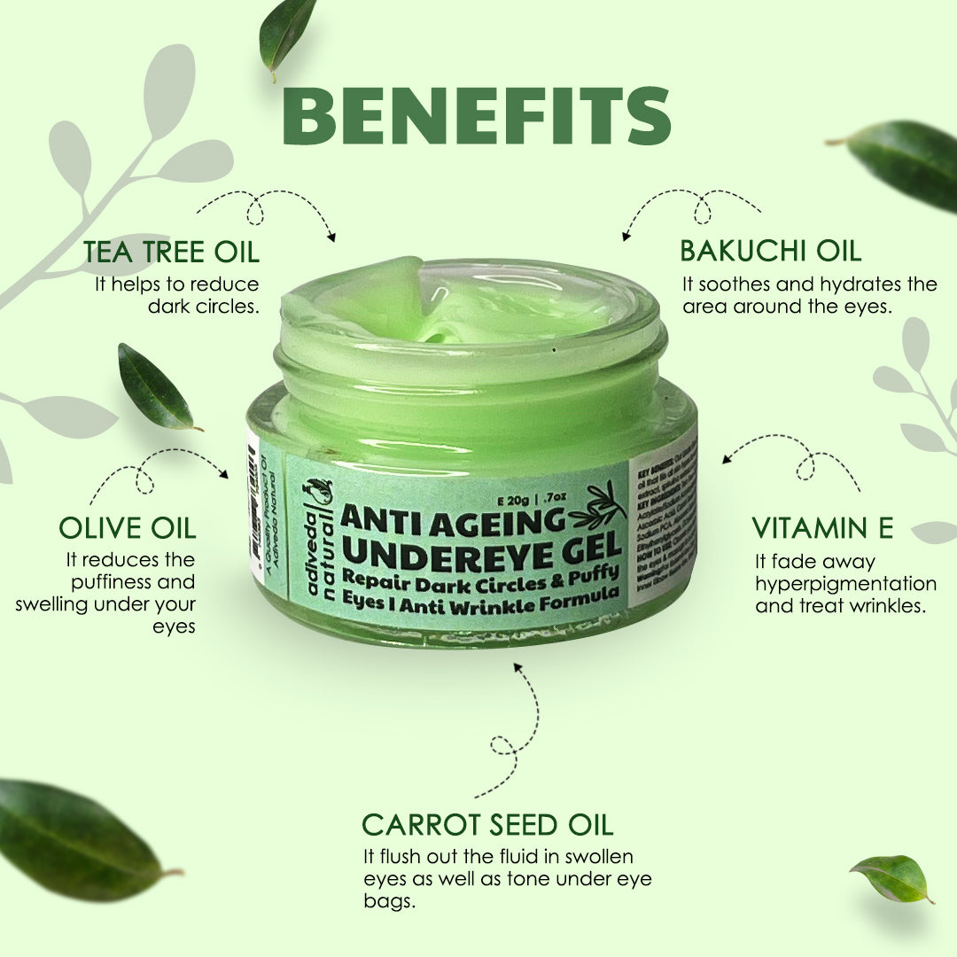 Anti Ageing Undereye Gel For Wrinkles, Darkness and Puffy Eyes 20 Gms - Adiveda Natural | Anti Ageing Undereye Gel For Wrinkles, Darkness and Puffy Eyes 20 Gms | Anti Ageing Under Eye Gel | For Wrinkles | Darkness | Puffy Eyes | 20gm | Fashion | Shopping | Lifestyle | Natural | Oraganic | Remove Darkness Under Eye | Soft Eyes | For Women | For men | Fashion | Shopping | Beauty Cosmetics | Cosmetics Product India | Adiveda Natural